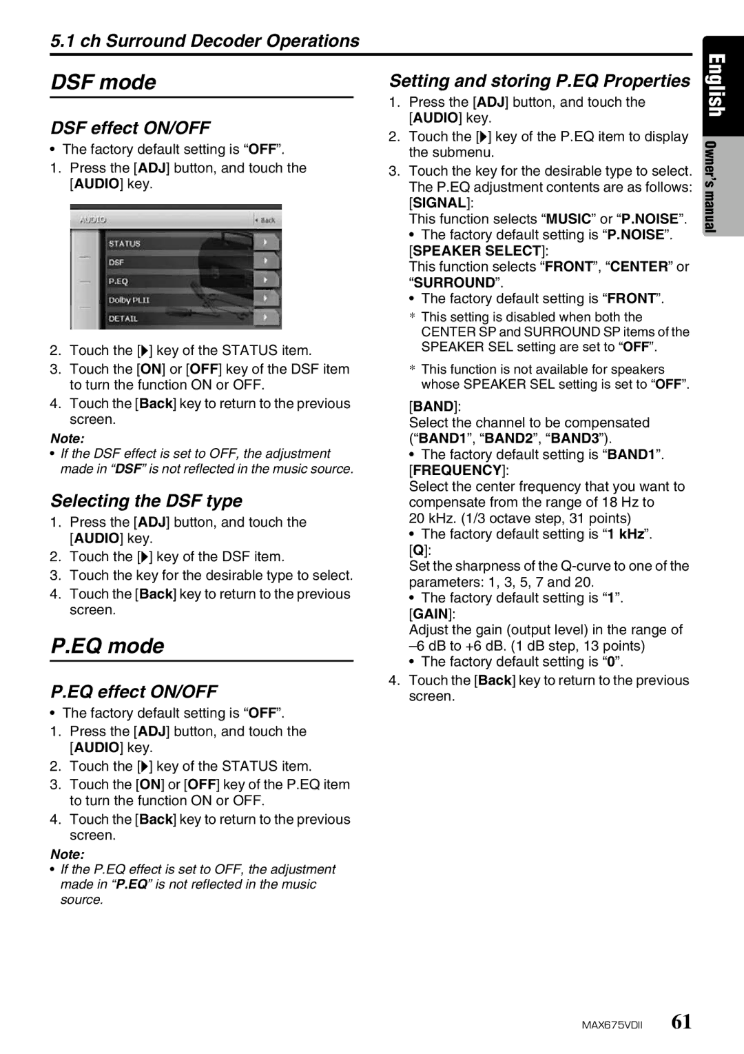 Clarion MAX675VDII owner manual DSF mode, EQ mode 