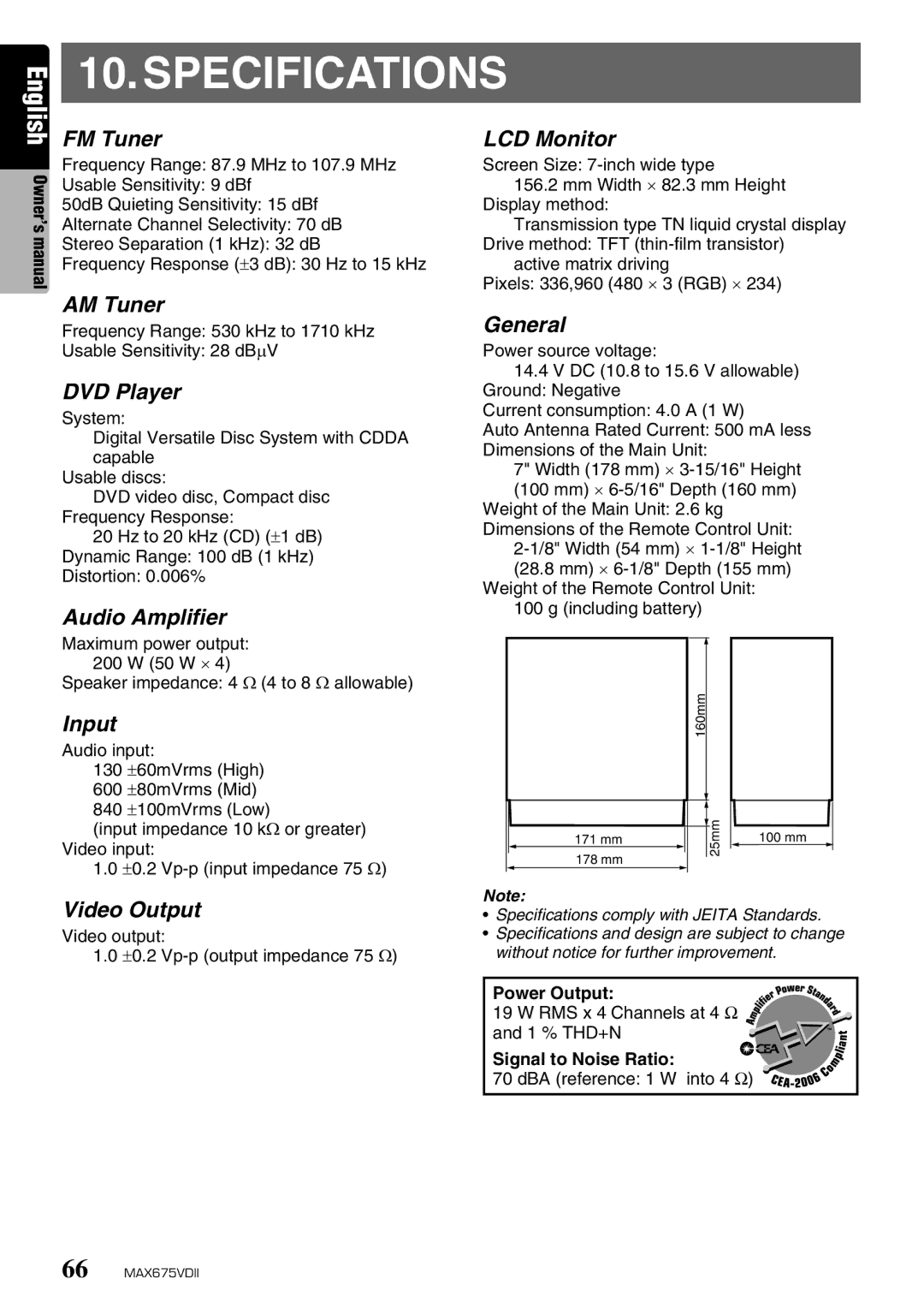 Clarion MAX675VDII owner manual Specifications 