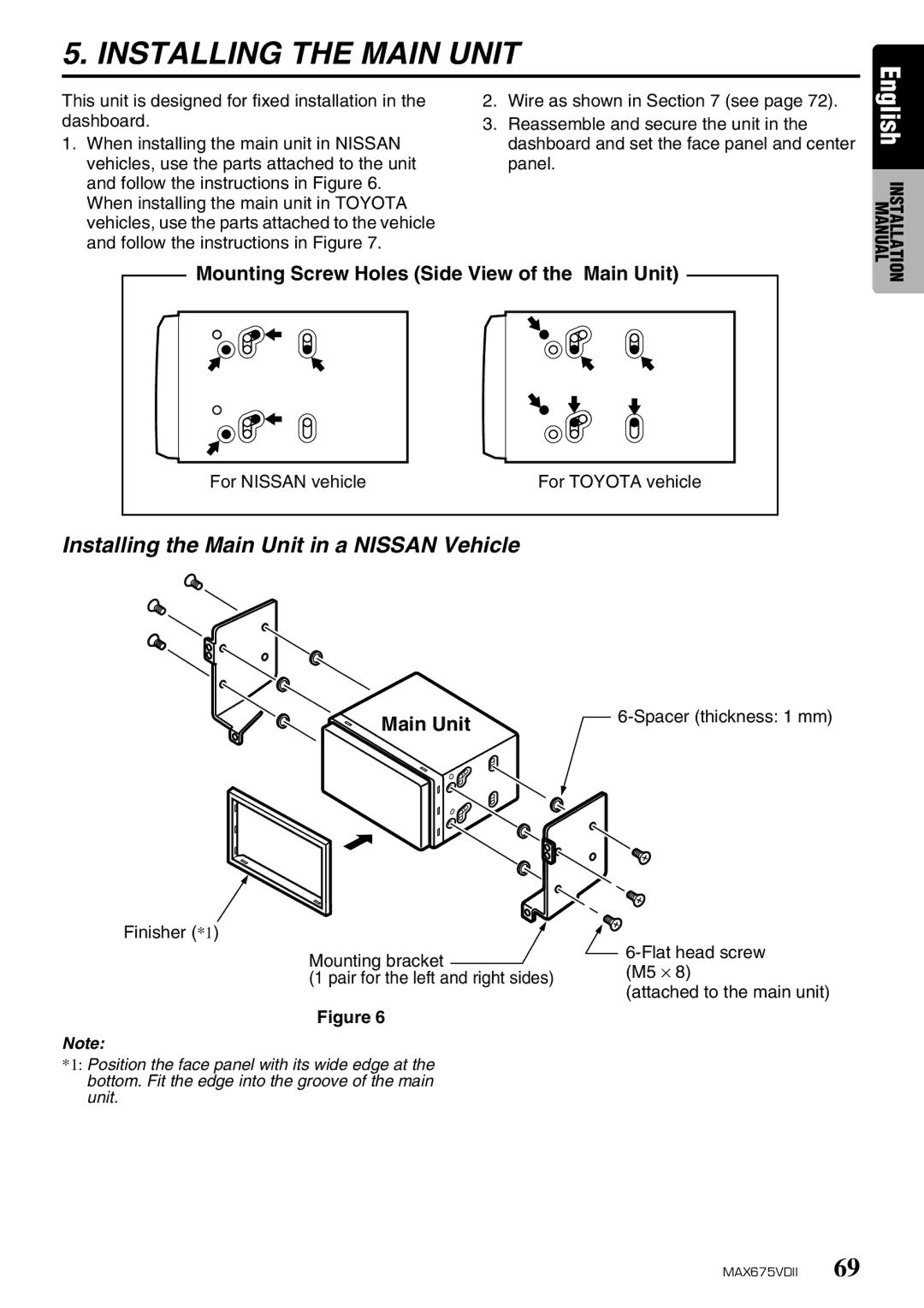 Clarion MAX675VDII owner manual Installing the Main Unit in a Nissan Vehicle, For Nissan vehicle 