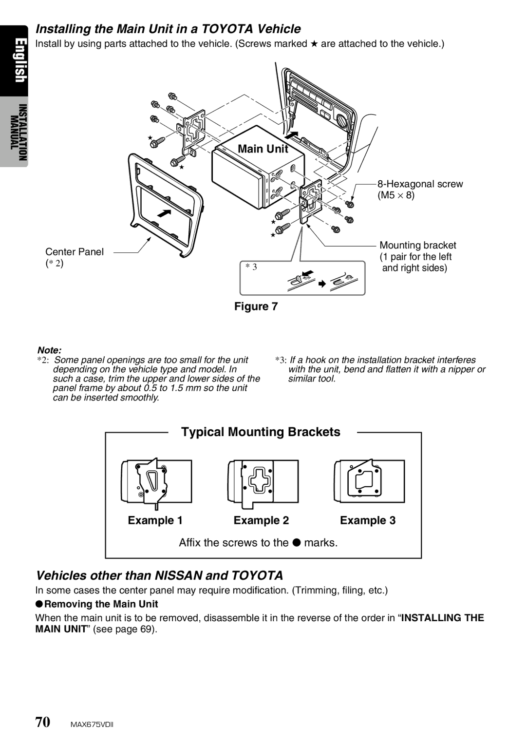 Clarion MAX675VDII owner manual Installing the Main Unit in a Toyota Vehicle, Vehicles other than Nissan and Toyota 