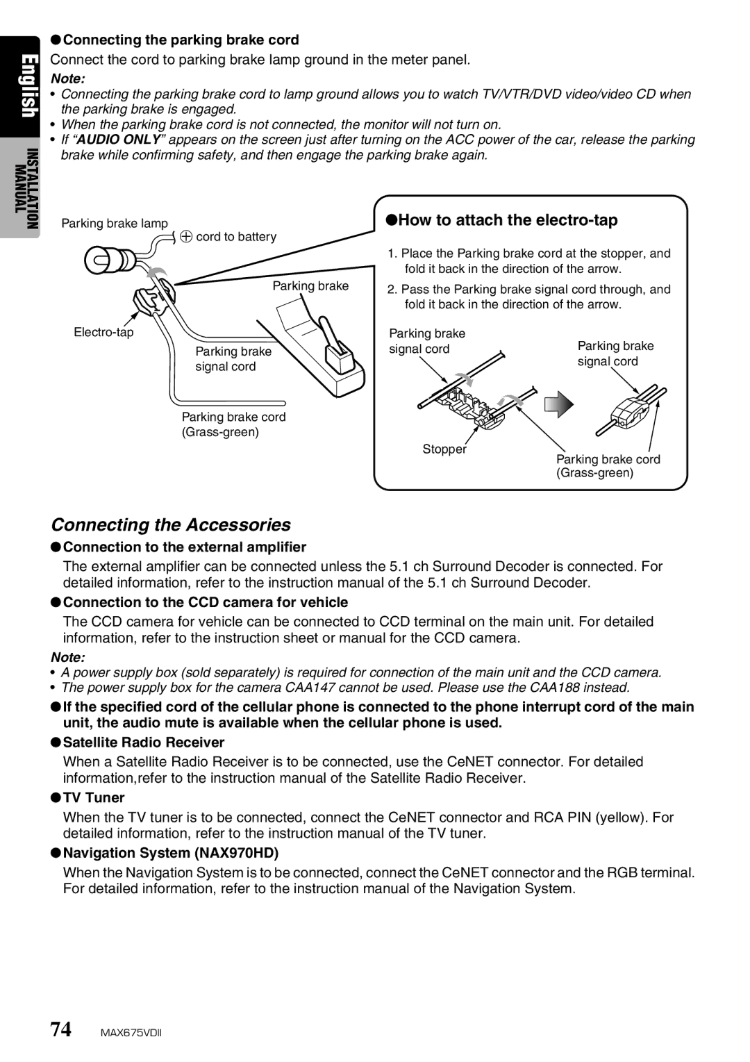 Clarion MAX675VDII owner manual Connecting the Accessories, Connecting the parking brake cord 