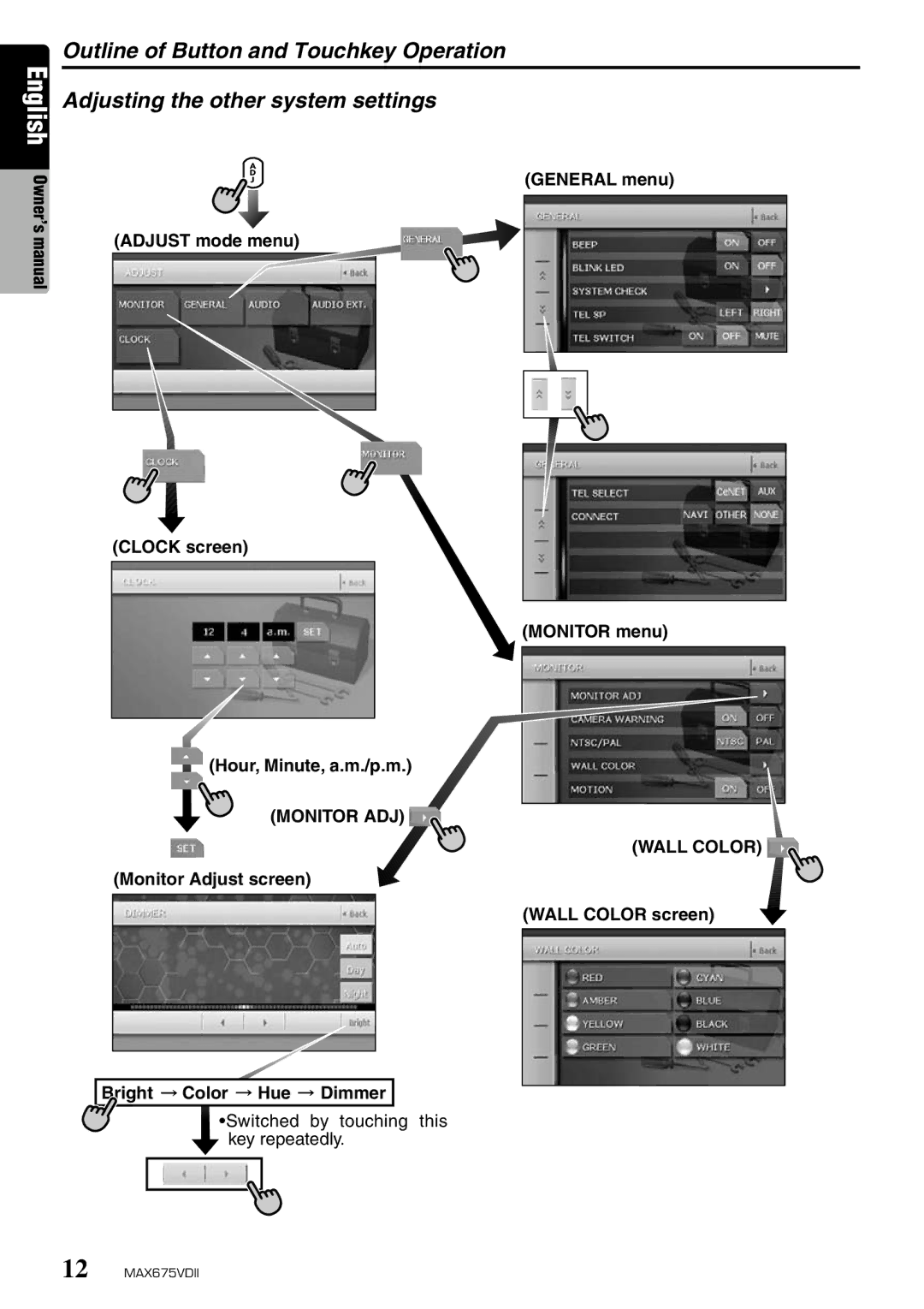 Clarion MAX675VDII owner manual Adjusting the other system settings, Monitor ADJ, Wall Color 