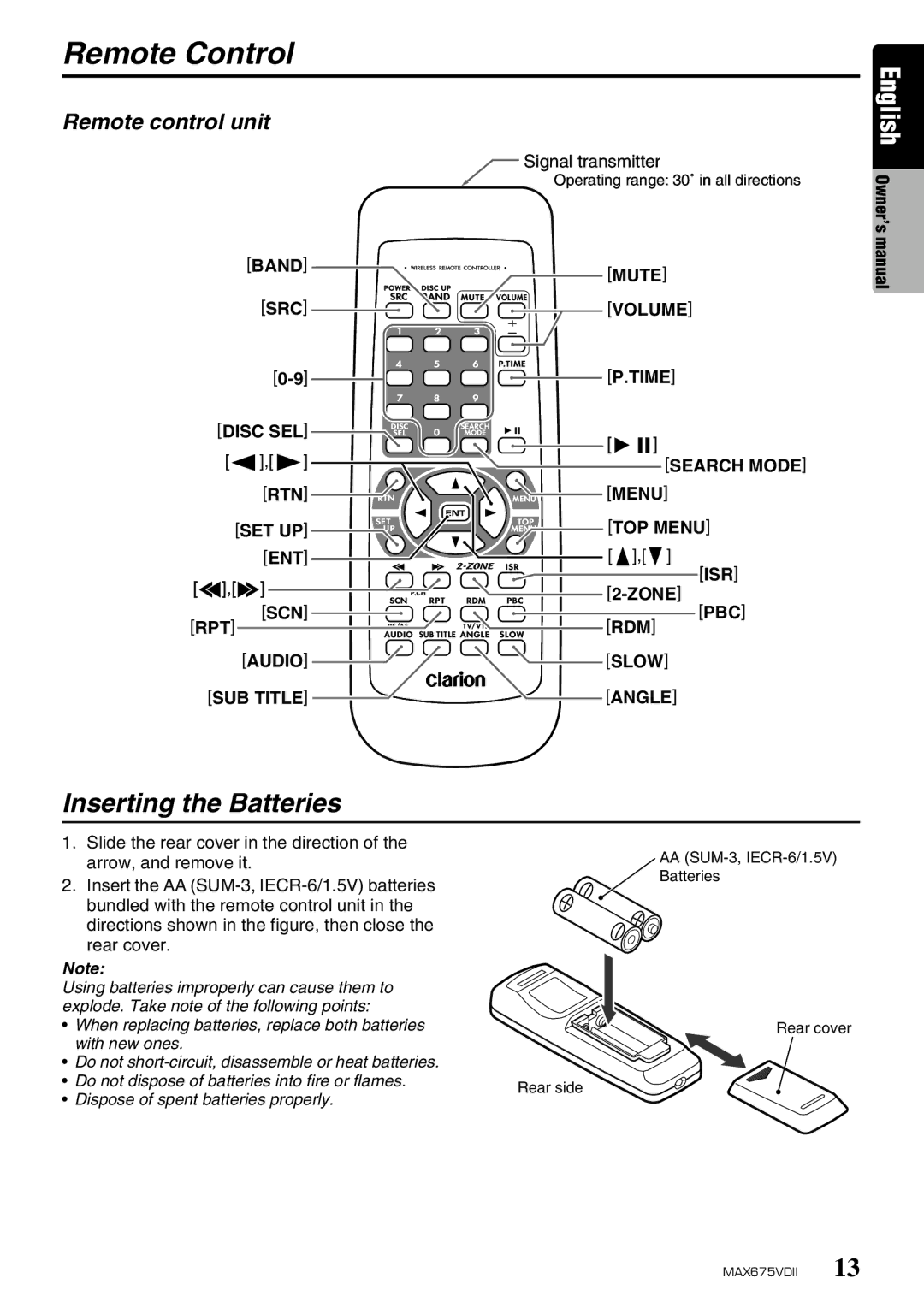 Clarion MAX675VDII owner manual Remote Control, Inserting the Batteries, Remote control unit 