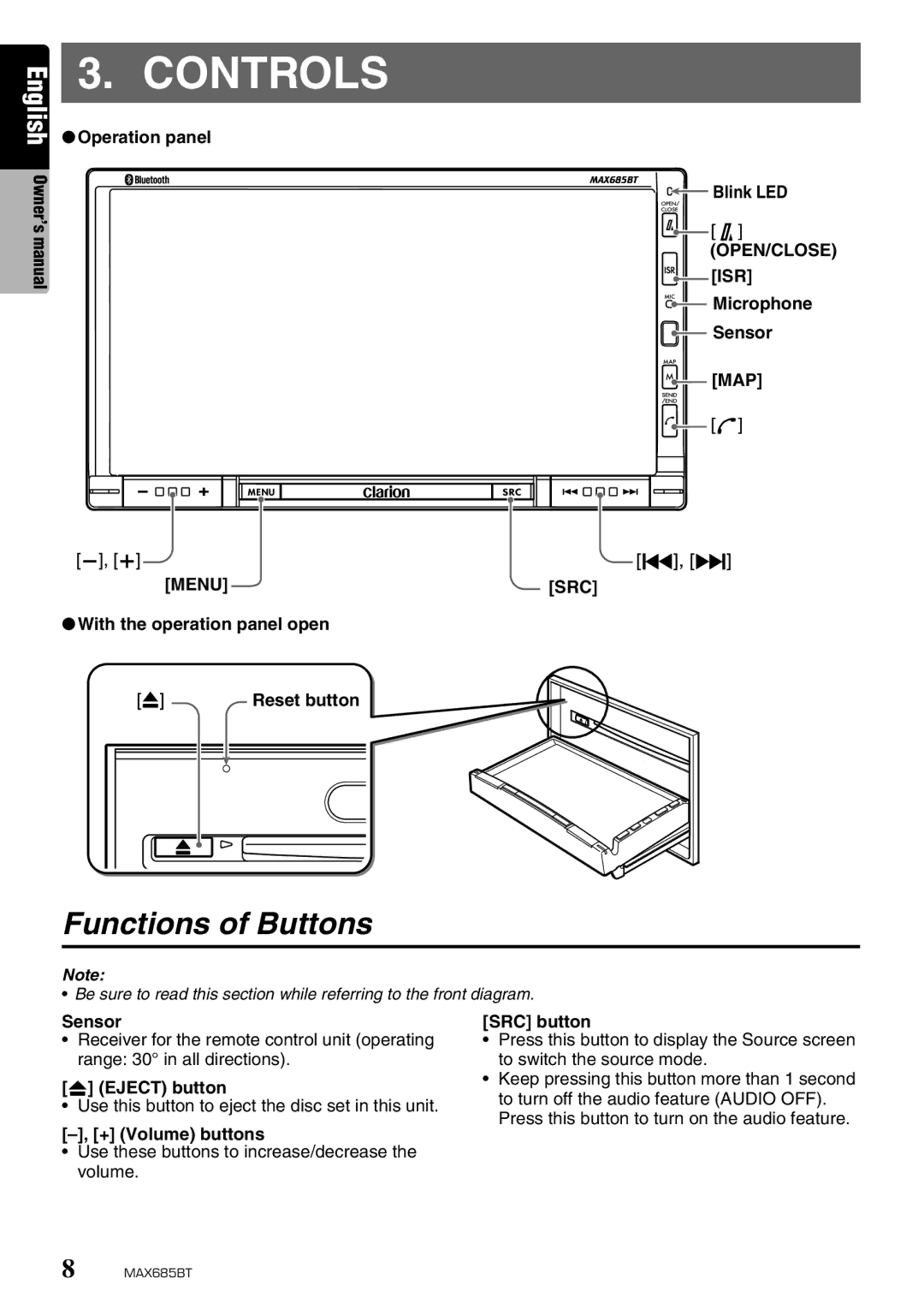 Clarion MAX685BT owner manual Controls, Functions of Buttons 