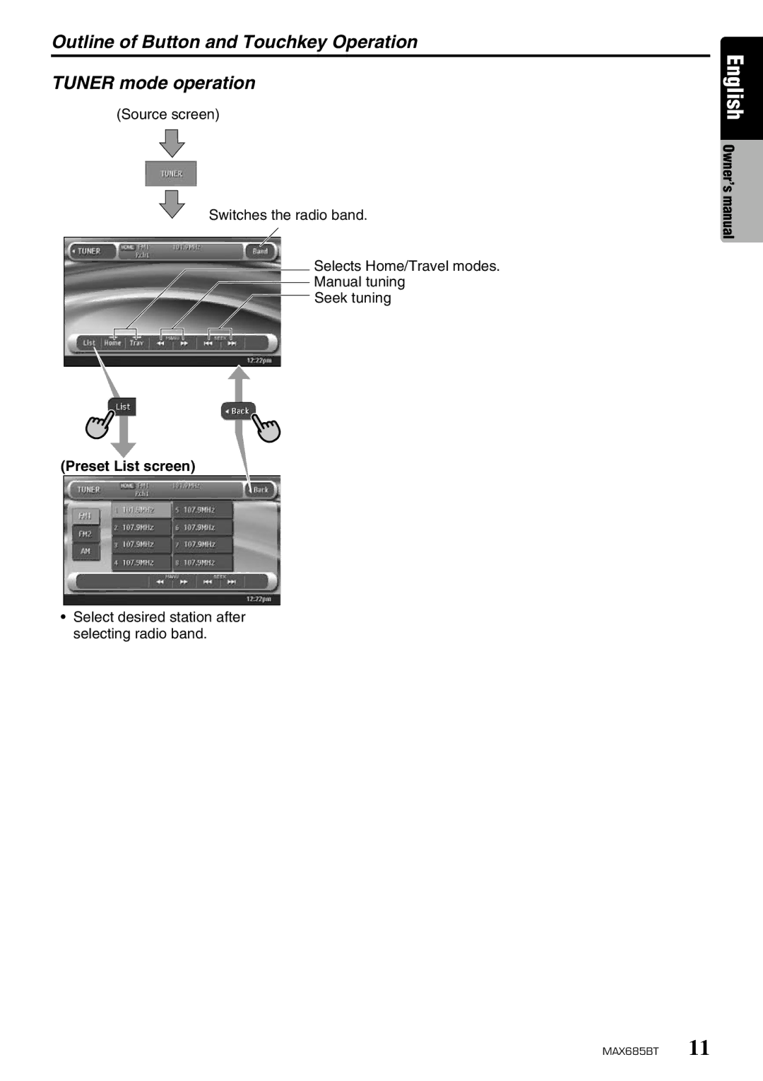 Clarion MAX685BT owner manual Preset List screen, Select desired station after selecting radio band 