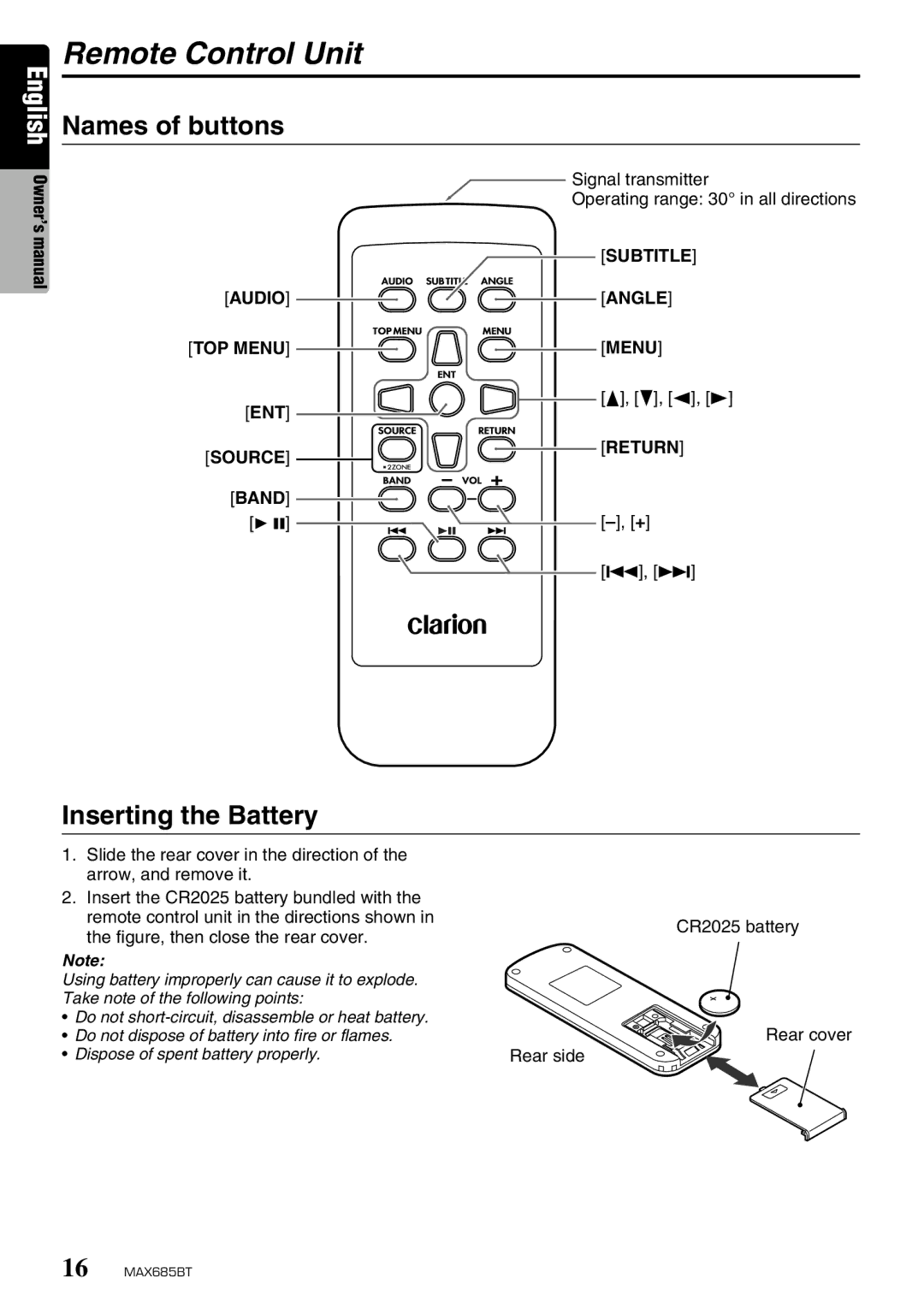 Clarion MAX685BT owner manual Remote Control Unit, Names of buttons, Inserting the Battery 