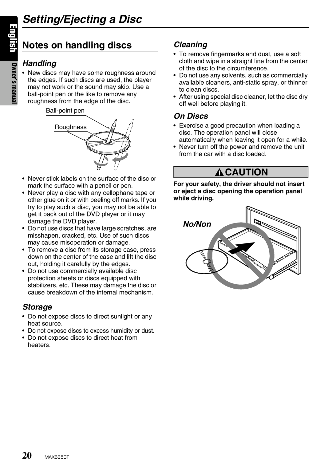 Clarion MAX685BT owner manual Setting/Ejecting a Disc, Handling, Cleaning, On Discs, No/Non Storage 