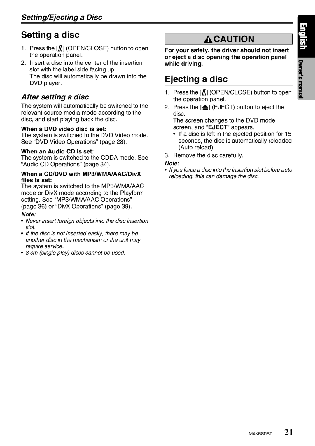 Clarion MAX685BT owner manual Setting a disc, Ejecting a disc, Setting/Ejecting a Disc, After setting a disc 