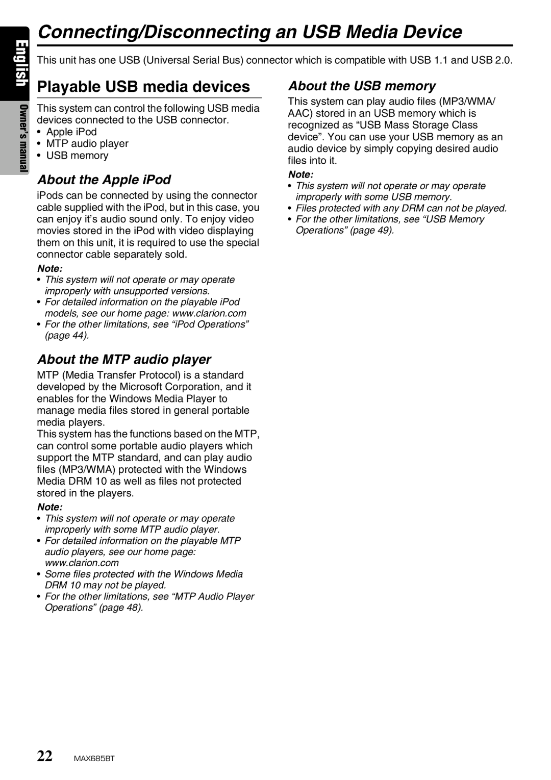 Clarion MAX685BT Connecting/Disconnecting an USB Media Device, Playable USB media devices, About the Apple iPod 