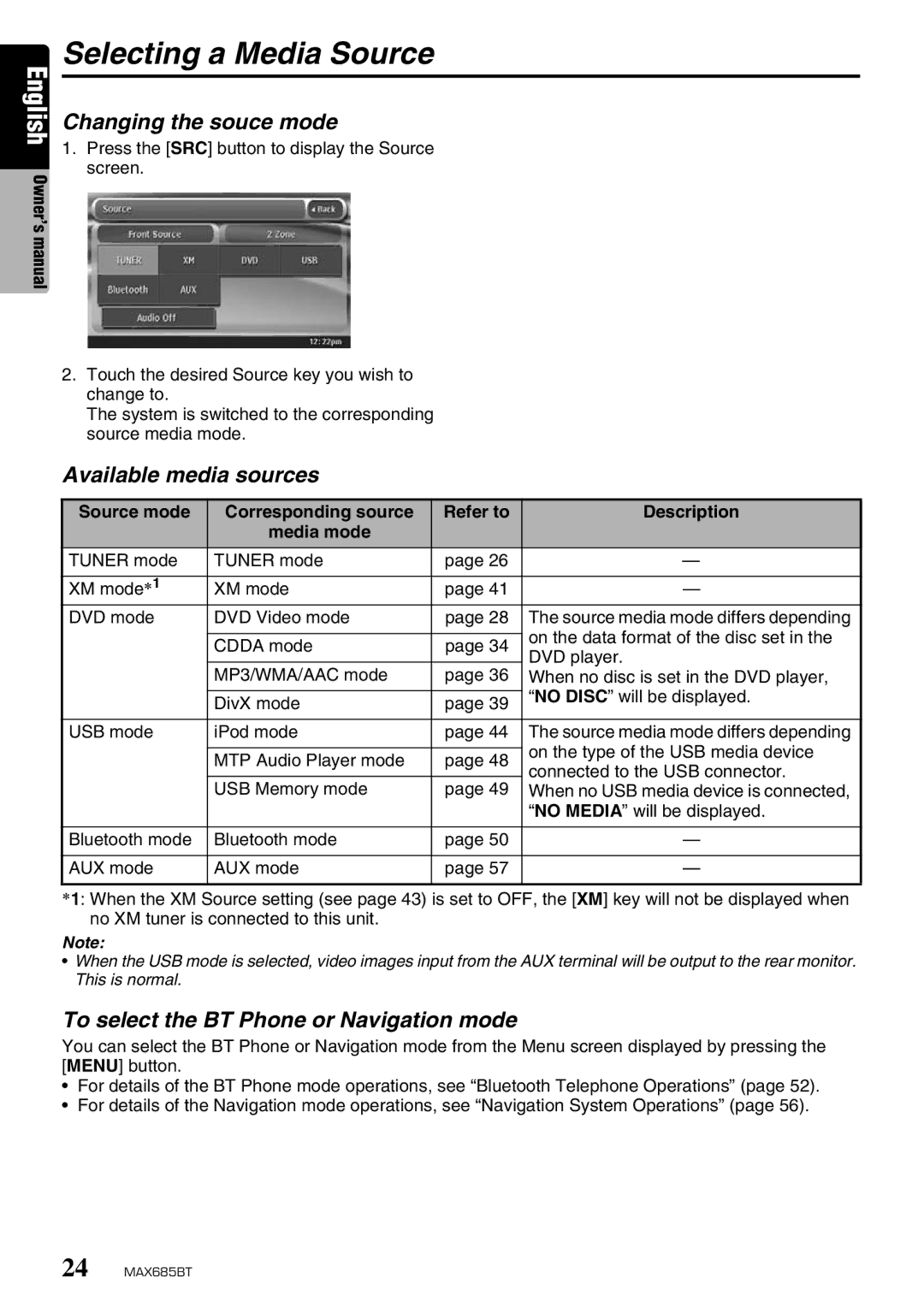 Clarion MAX685BT owner manual Selecting a Media Source, Changing the souce mode, Available media sources 