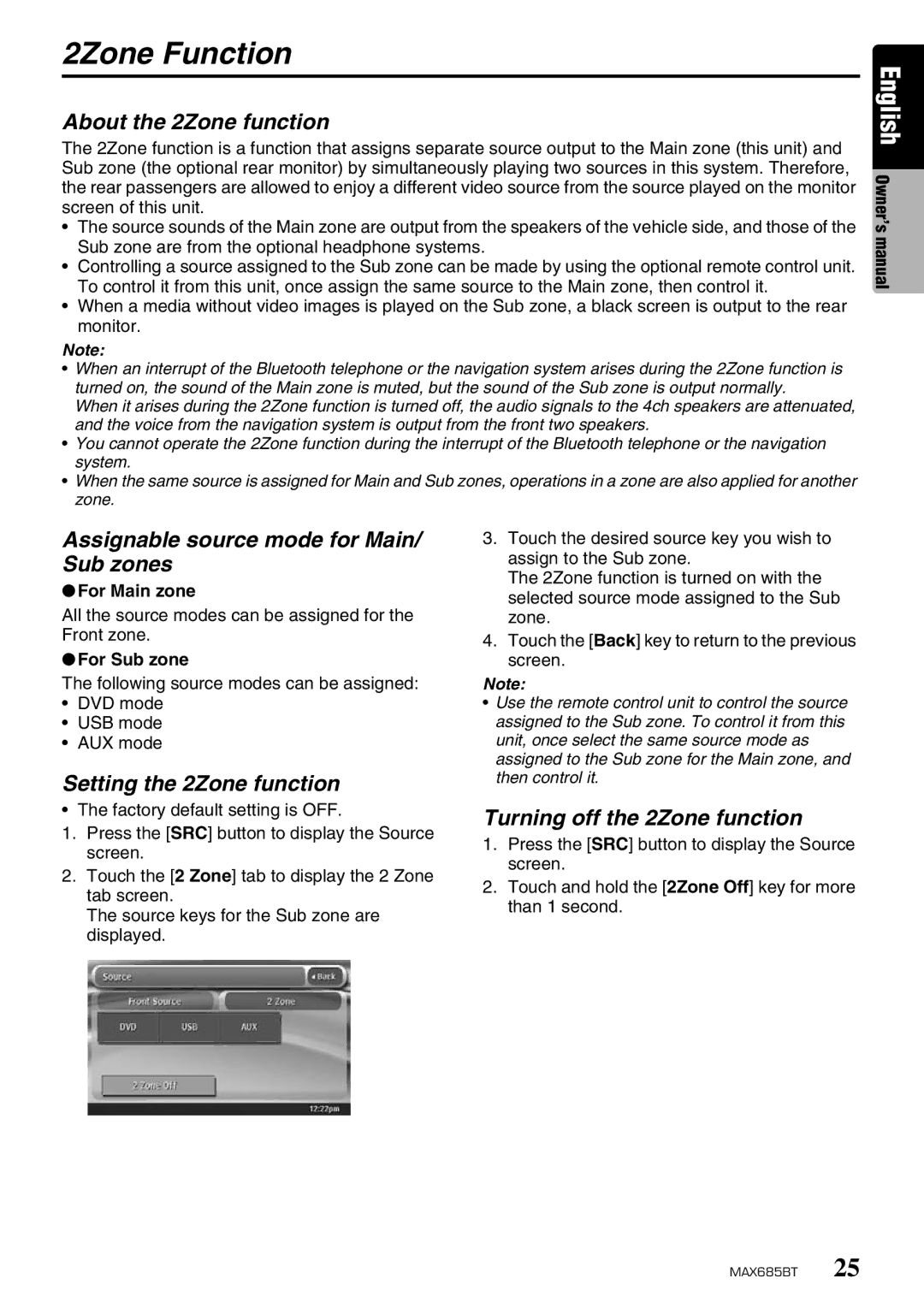 Clarion MAX685BT owner manual 2Zone Function, About the 2Zone function, Assignable source mode for Main/ Sub zones 