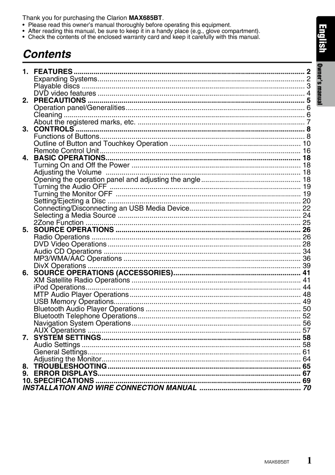 Clarion MAX685BT owner manual Contents 