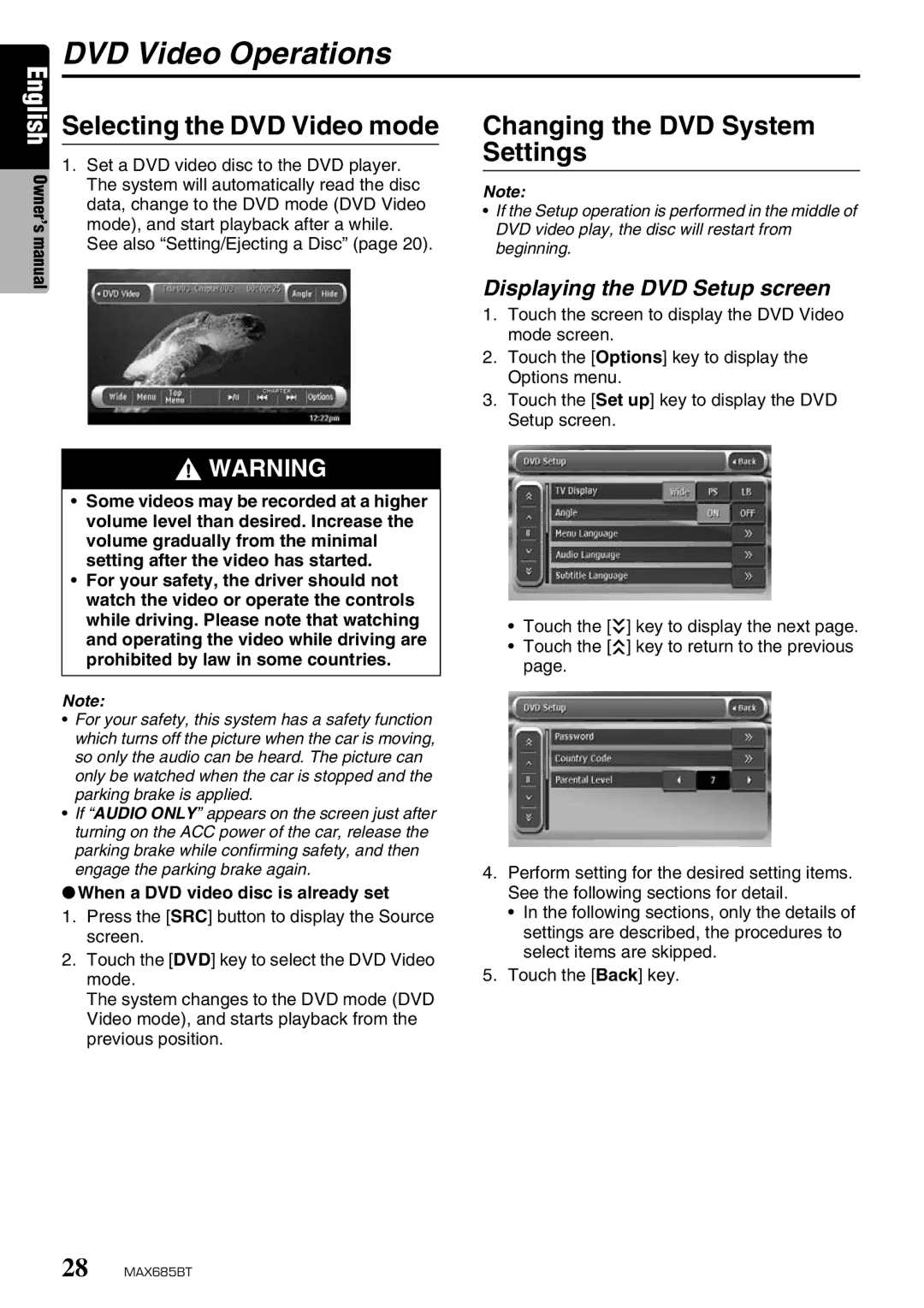 Clarion MAX685BT owner manual DVD Video Operations, Selecting the DVD Video mode, Changing the DVD System Settings 