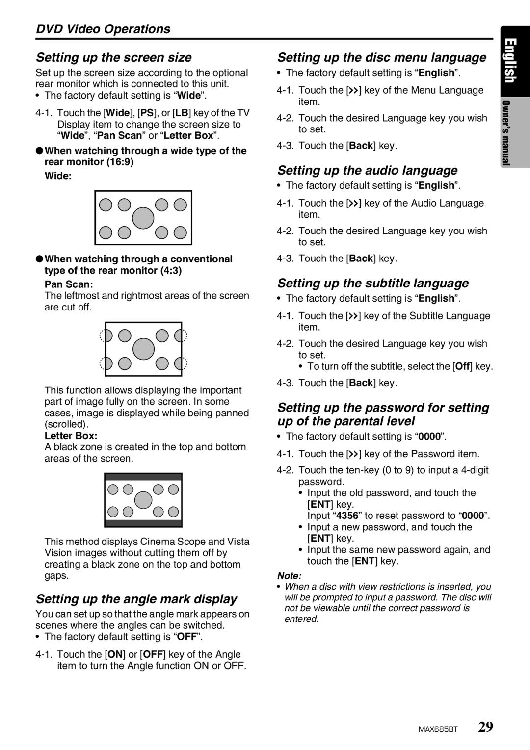 Clarion MAX685BT owner manual DVD Video Operations Setting up the screen size, Setting up the disc menu language 