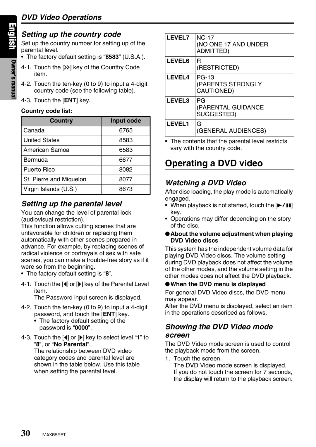 Clarion MAX685BT Operating a DVD video, DVD Video Operations Setting up the country code, Setting up the parental level 