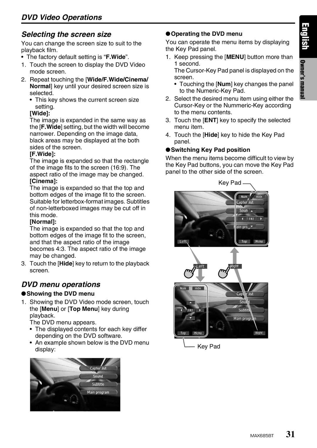 Clarion MAX685BT owner manual DVD Video Operations Selecting the screen size, DVD menu operations 