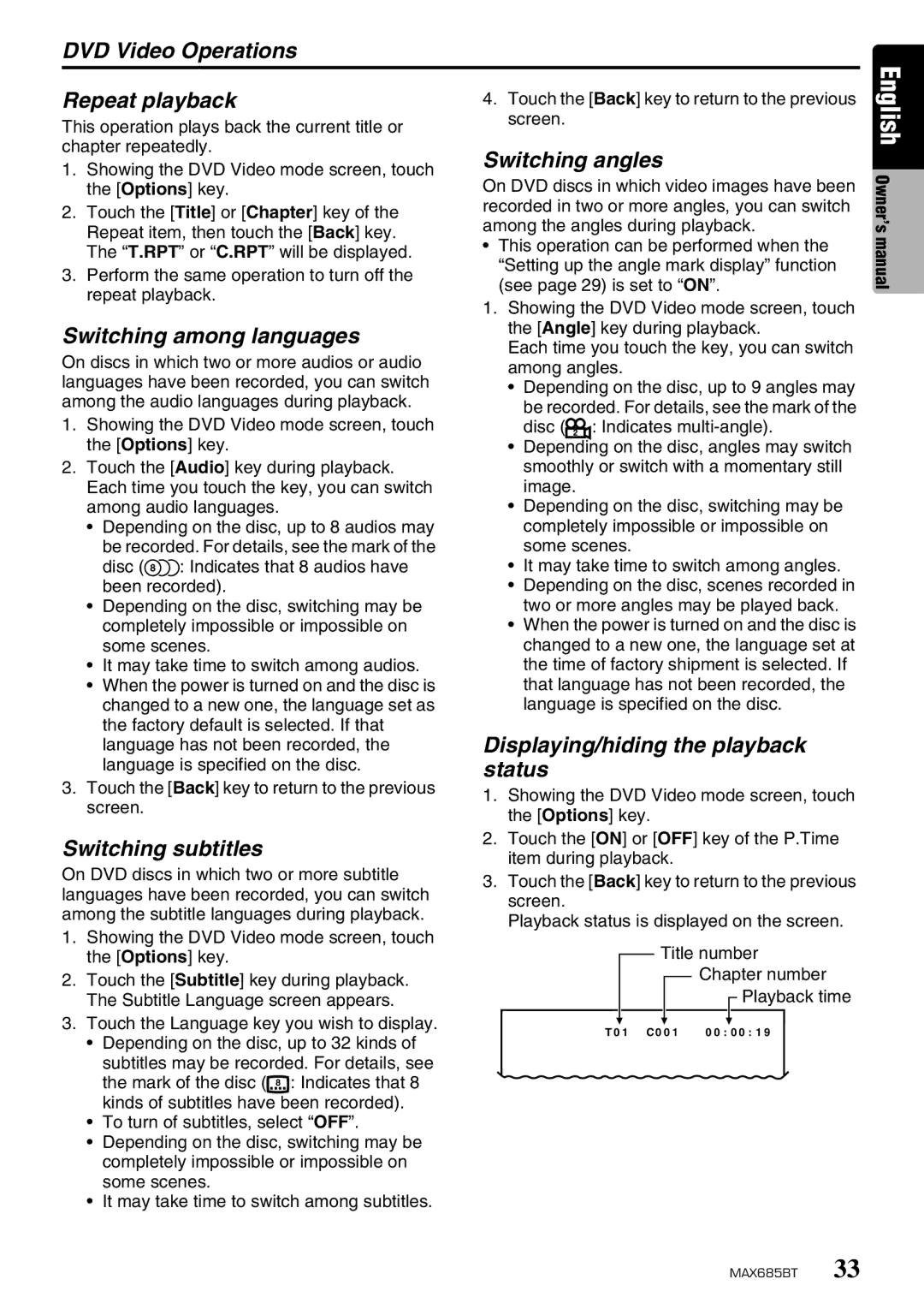 Clarion MAX685BT DVD Video Operations Repeat playback, Switching among languages, Switching subtitles, Switching angles 