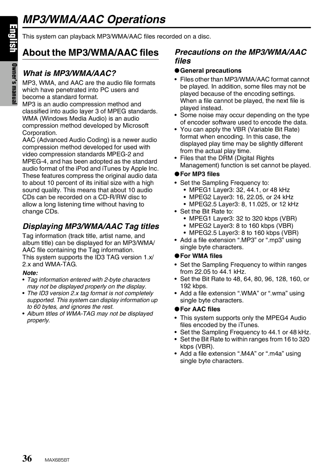 Clarion MAX685BT owner manual MP3/WMA/AAC Operations, About the MP3/WMA/AAC files, What is MP3/WMA/AAC? 