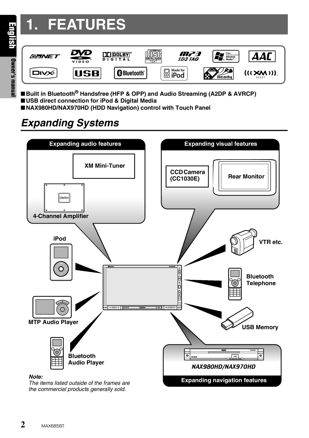 Clarion MAX685BT owner manual Features, Expanding Systems, XM Mini-Tuner Channel Amplifier, Rear Monitor 