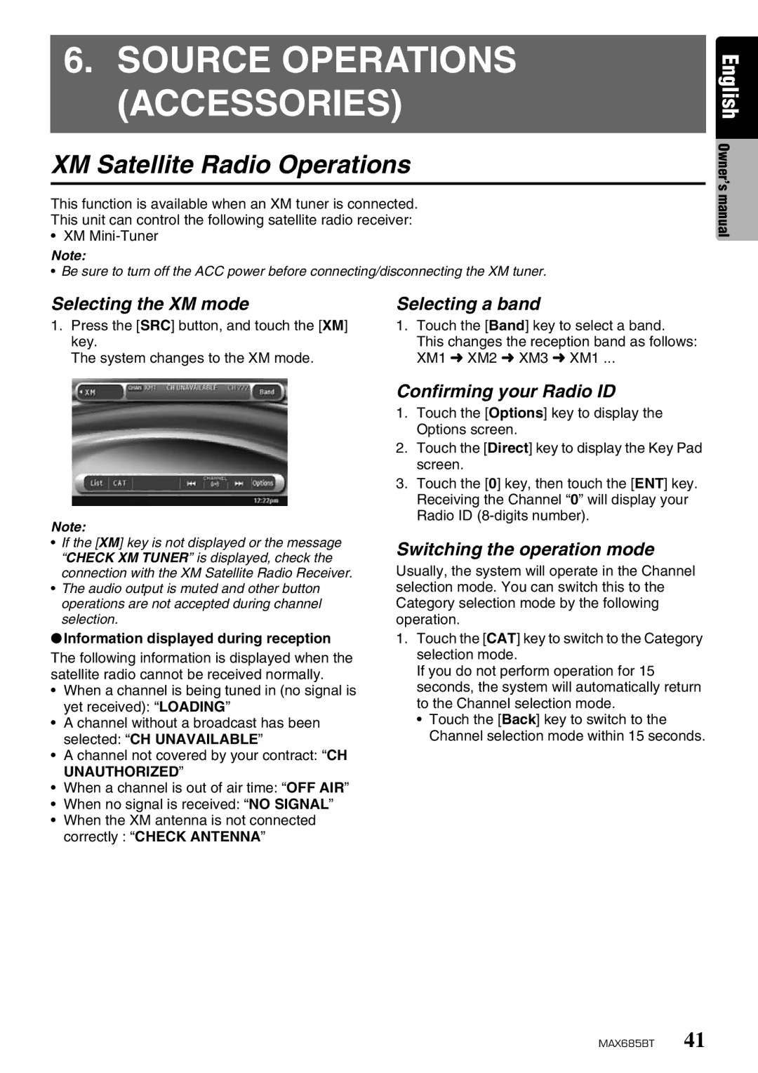 Clarion MAX685BT XM Satellite Radio Operations, Selecting the XM mode Selecting a band, Confirming your Radio ID 