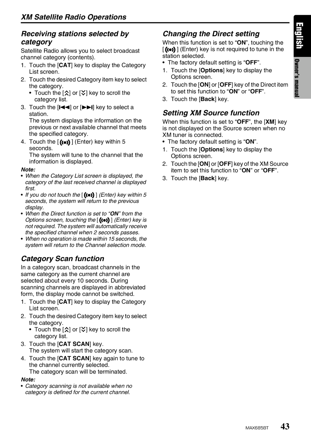 Clarion MAX685BT owner manual Changing the Direct setting, Setting XM Source function, Category Scan function 