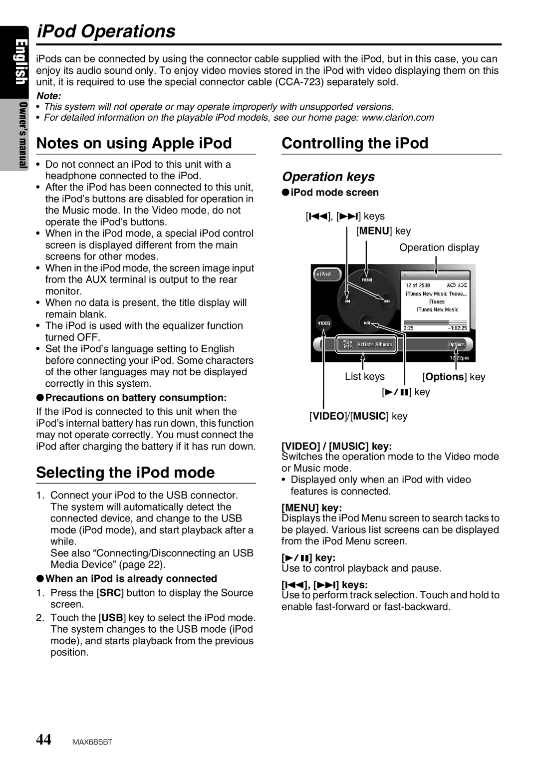 Clarion MAX685BT owner manual IPod Operations, Selecting the iPod mode, Controlling the iPod, Operation keys 