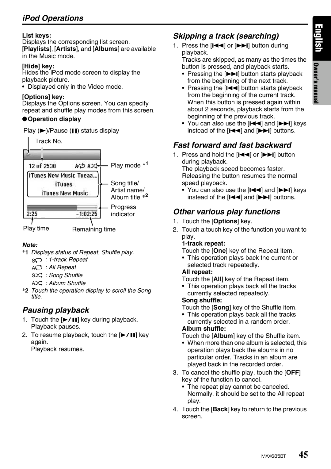 Clarion MAX685BT owner manual IPod Operations 