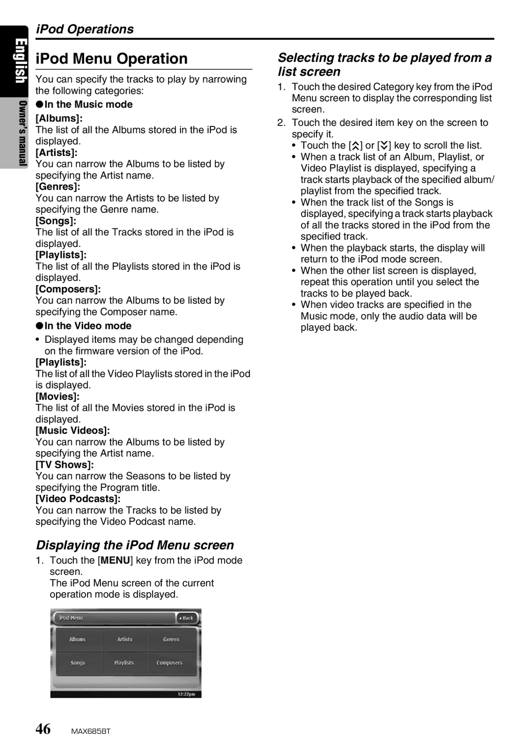 Clarion MAX685BT IPod Menu Operation, Selecting tracks to be played from a list screen, Displaying the iPod Menu screen 