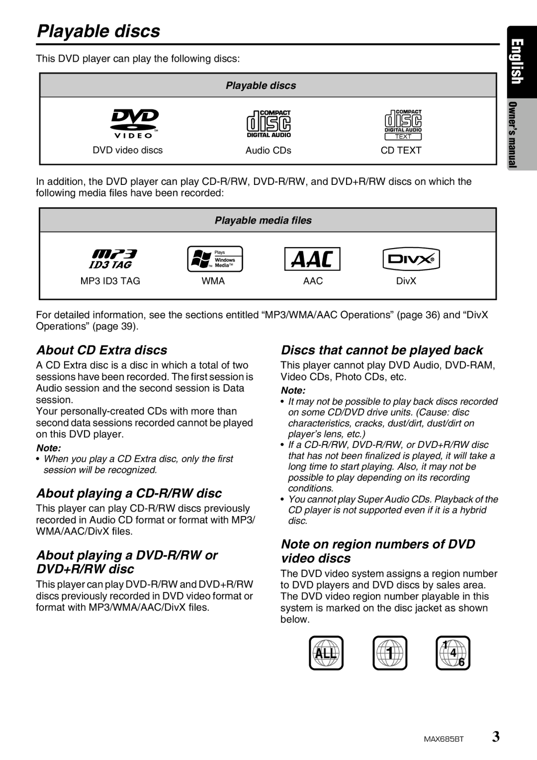 Clarion MAX685BT Playable discs, About CD Extra discs, About playing a CD-R/RW disc, Discs that cannot be played back 