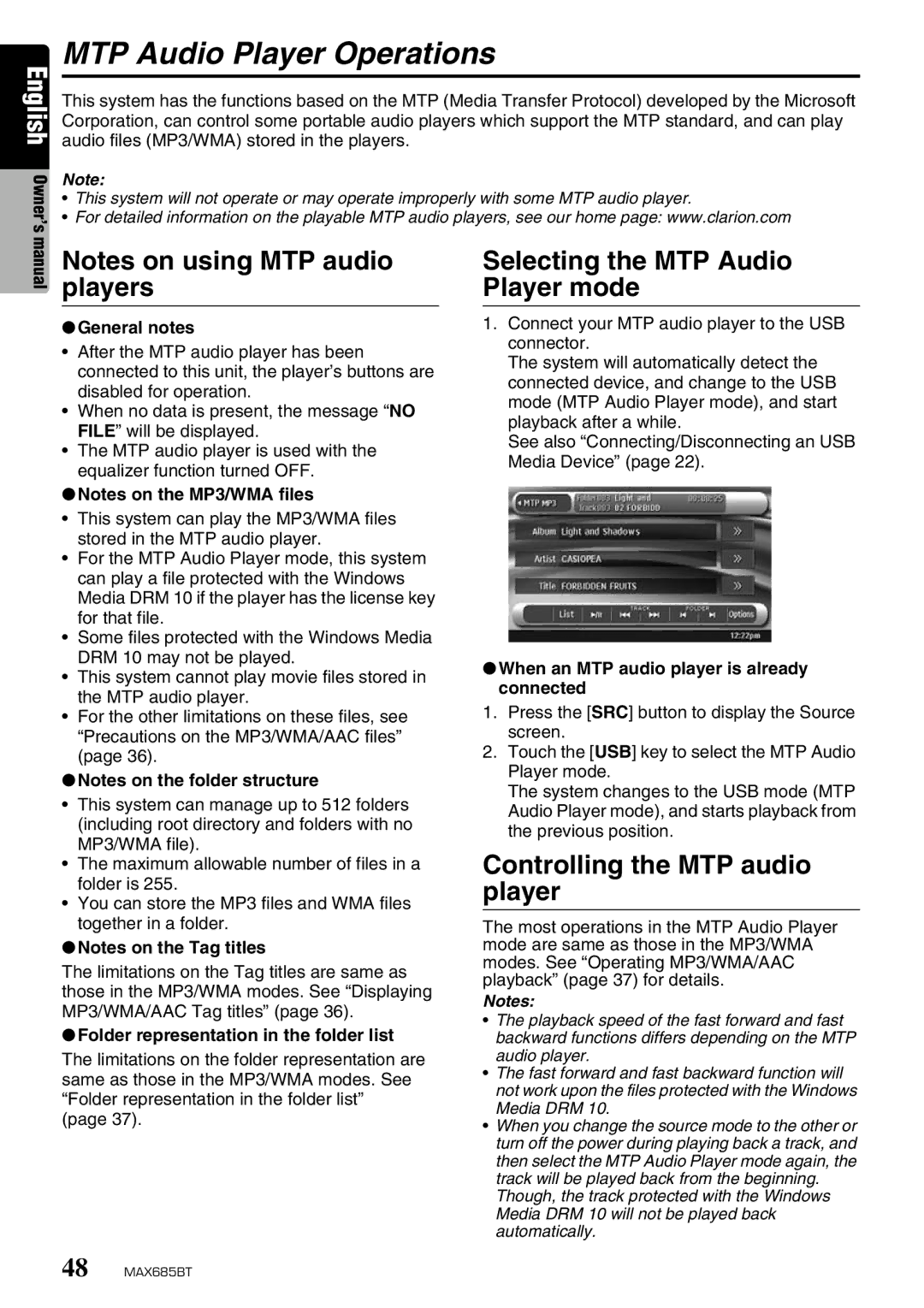 Clarion MAX685BT MTP Audio Player Operations, Selecting the MTP Audio Player mode, Controlling the MTP audio player 