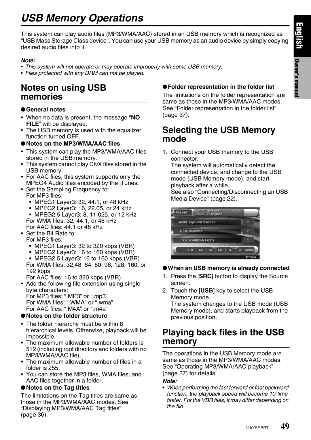 Clarion MAX685BT owner manual USB Memory Operations, Selecting the USB Memory mode, Playing back files in the USB memory 