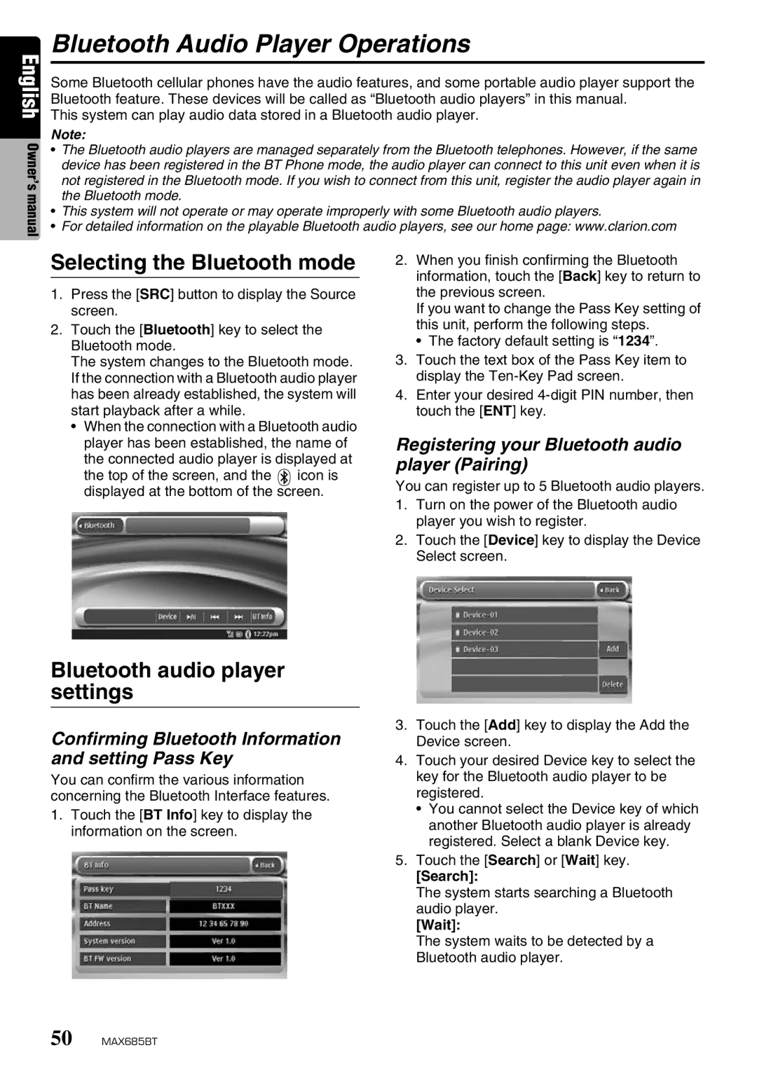 Clarion MAX685BT Bluetooth Audio Player Operations, Selecting the Bluetooth mode, Bluetooth audio player settings 