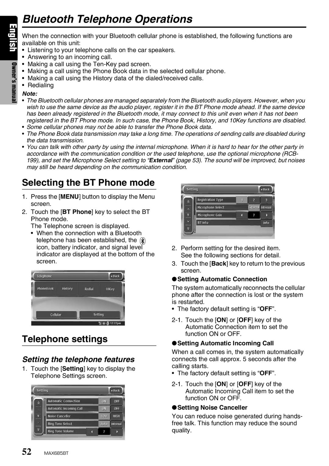 Clarion MAX685BT owner manual Bluetooth Telephone Operations, Selecting the BT Phone mode, Telephone settings 