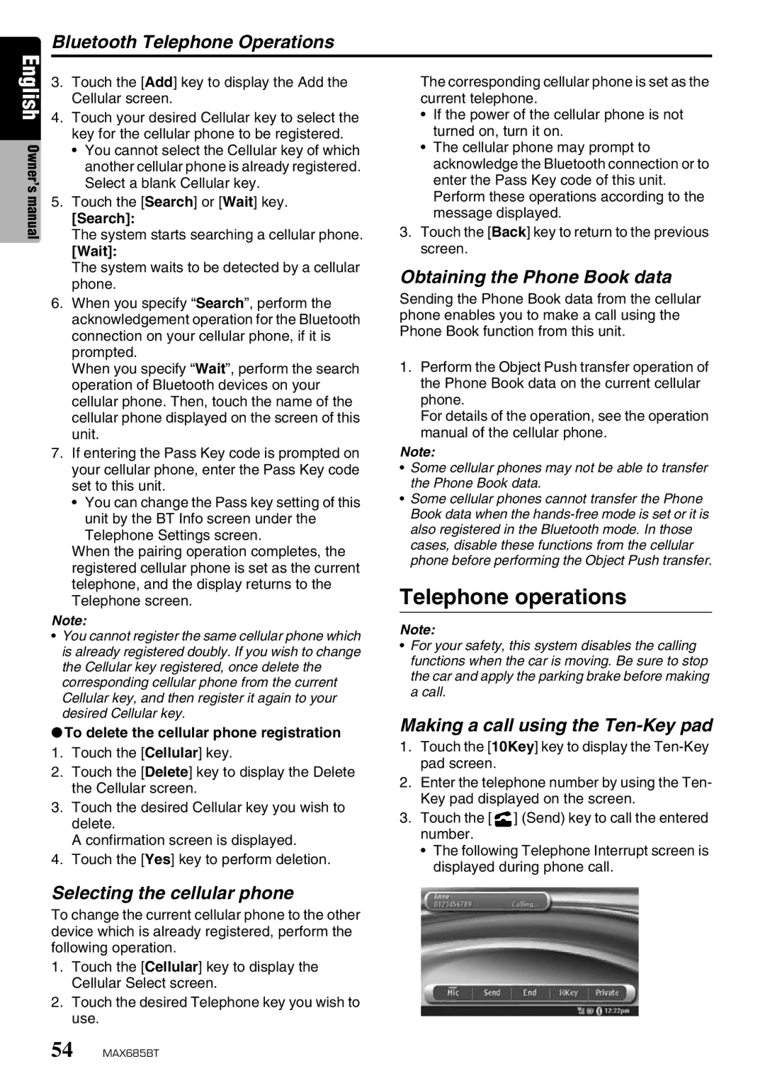 Clarion MAX685BT owner manual Telephone operations, Obtaining the Phone Book data, Making a call using the Ten-Key pad 