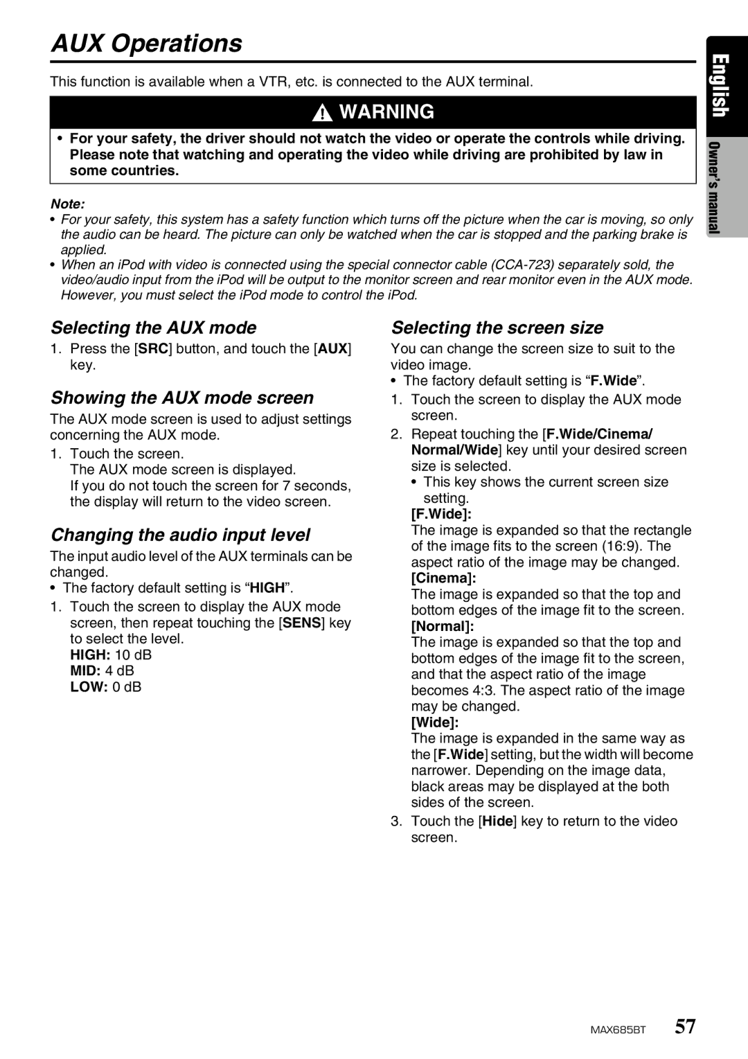 Clarion MAX685BT AUX Operations, Selecting the AUX mode, Showing the AUX mode screen, Changing the audio input level 