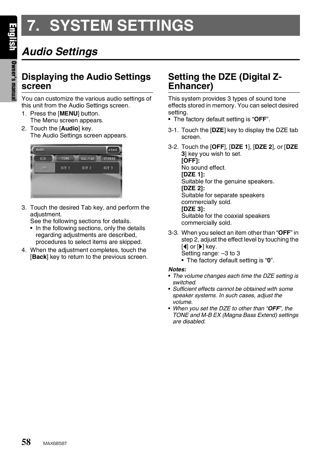 Clarion MAX685BT System Settings, Displaying the Audio Settings screen, Setting the DZE Digital Z- Enhancer 