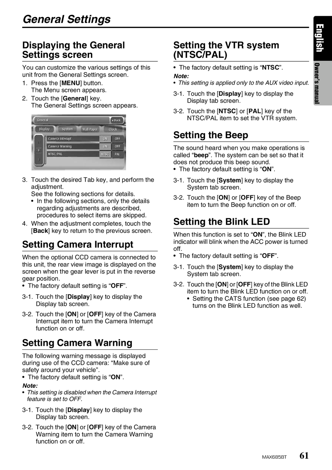 Clarion MAX685BT owner manual General Settings 