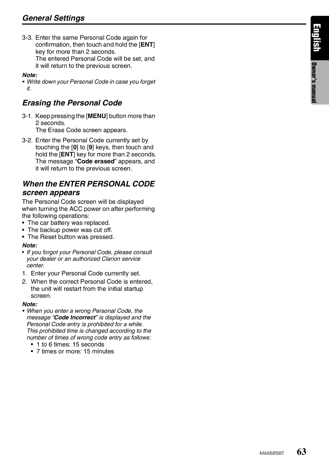 Clarion MAX685BT owner manual Erasing the Personal Code, When the Enter Personal Code screen appears 