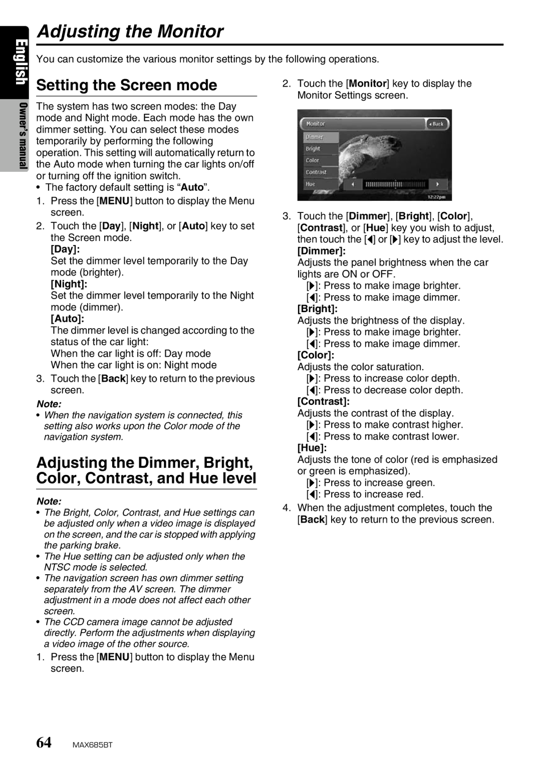 Clarion MAX685BT owner manual Adjusting the Monitor, Setting the Screen mode 