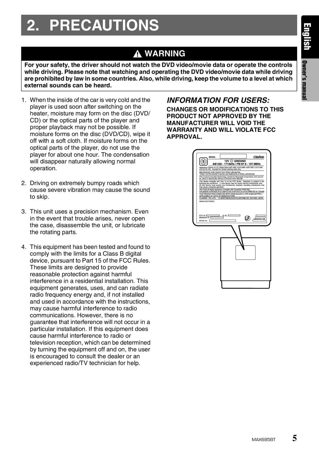 Clarion MAX685BT owner manual Precautions, Information for Users 