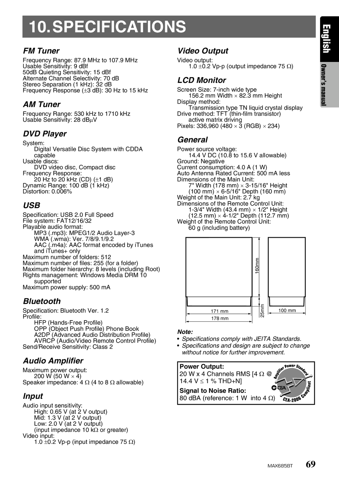 Clarion MAX685BT owner manual Specifications 