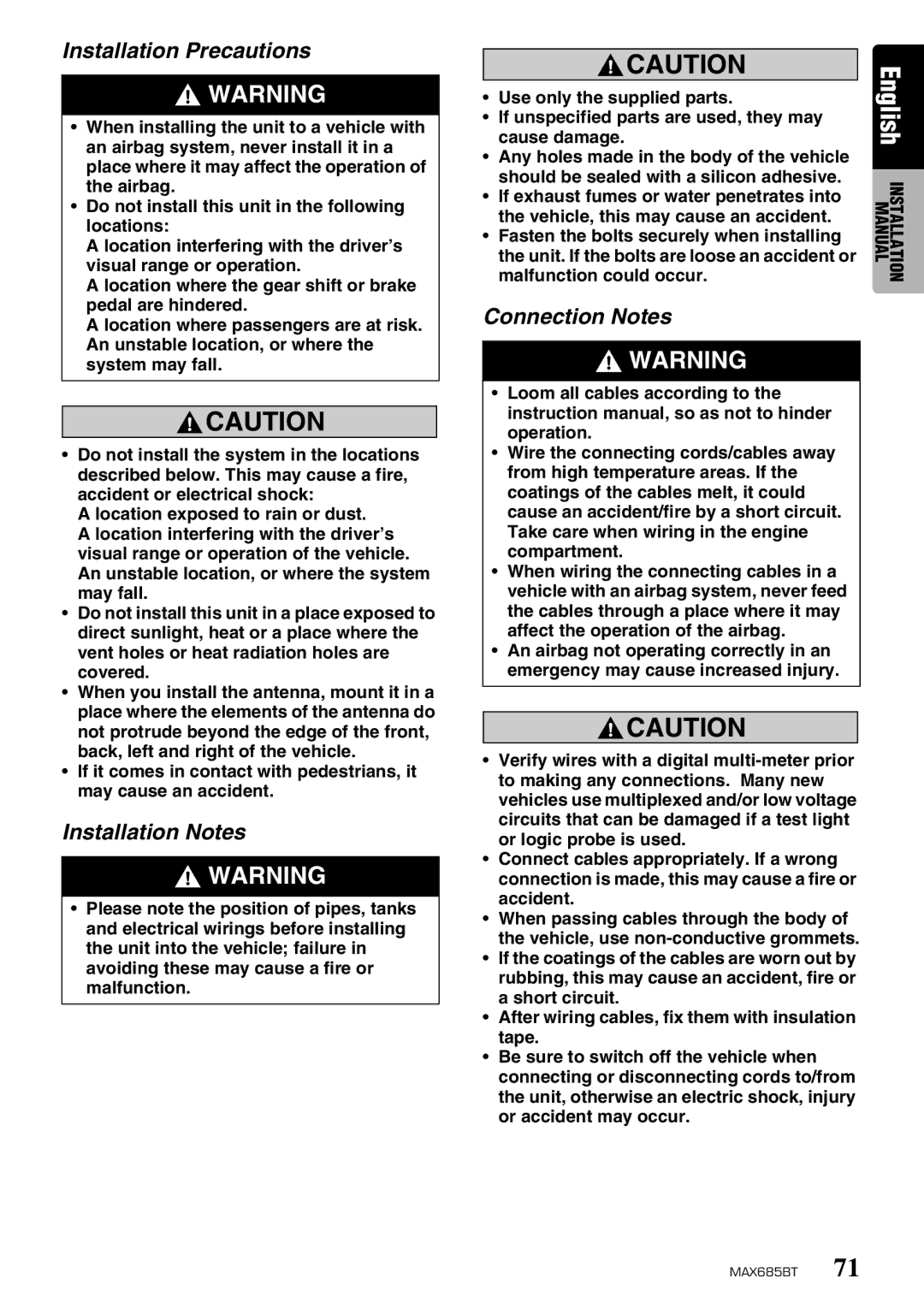 Clarion MAX685BT owner manual Installation Precautions, Installation Notes, Connection Notes 