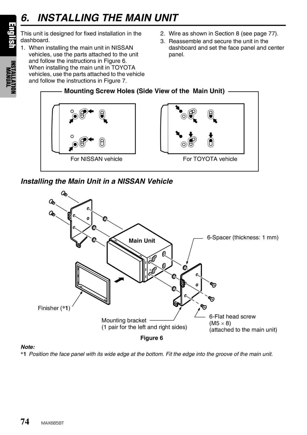 Clarion MAX685BT owner manual Installing the Main Unit in a Nissan Vehicle, For Nissan vehicle 