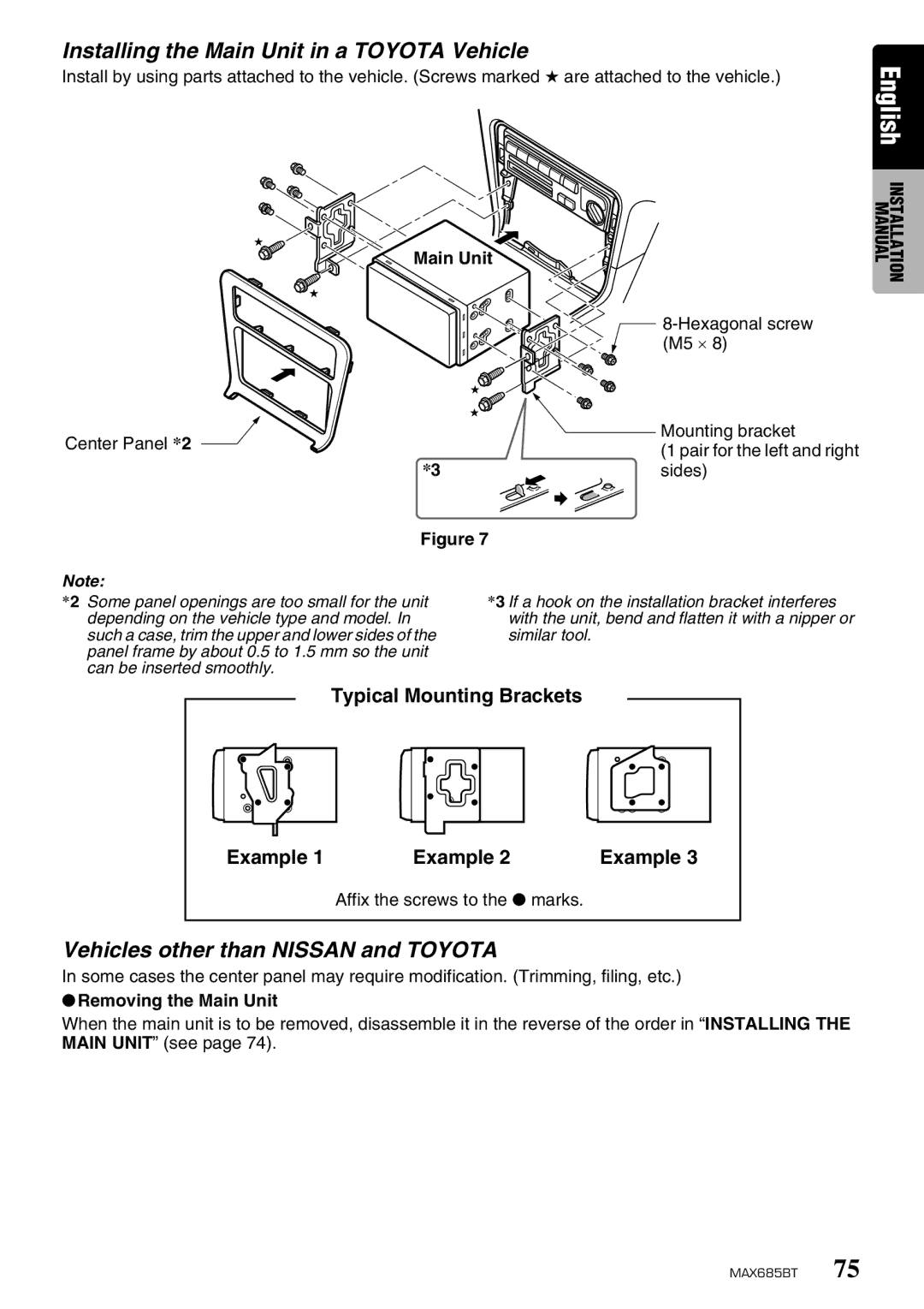 Clarion MAX685BT owner manual Installing the Main Unit in a Toyota Vehicle, Vehicles other than Nissan and Toyota 