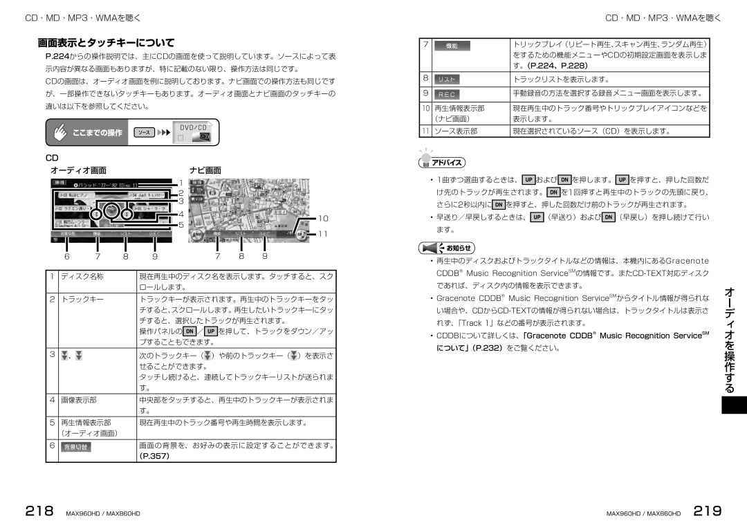 Clarion MAX860HD, MAX960HD manual 画面表示とタッチキーについて, オーディオ画面 ナビ画面 