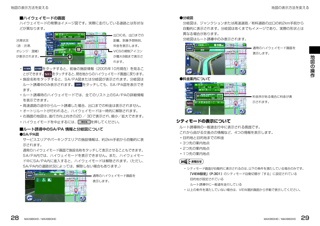 Clarion MAX960HD, MAX860HD シティモードの表示について, ハイウェイモードの画面, ルート誘導中のsa/Pa 情報と分岐図について, 異なる場合があります。 分岐図はルート誘導中のみ表示されます。, 料金案内について 