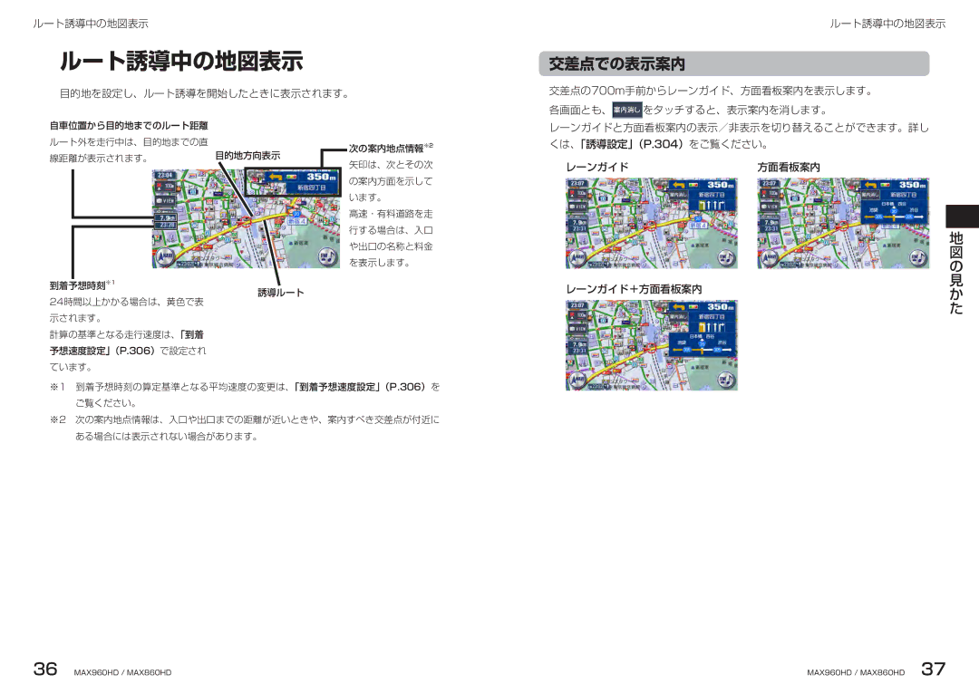 Clarion MAX860HD, MAX960HD manual 交差点での表示案内, 目的地を設定し、ルート誘導を開始したときに表示されます。 ルート誘導中の地図表示, 交差点の700m手前からレーンガイド、方面看板案内を表示します。 