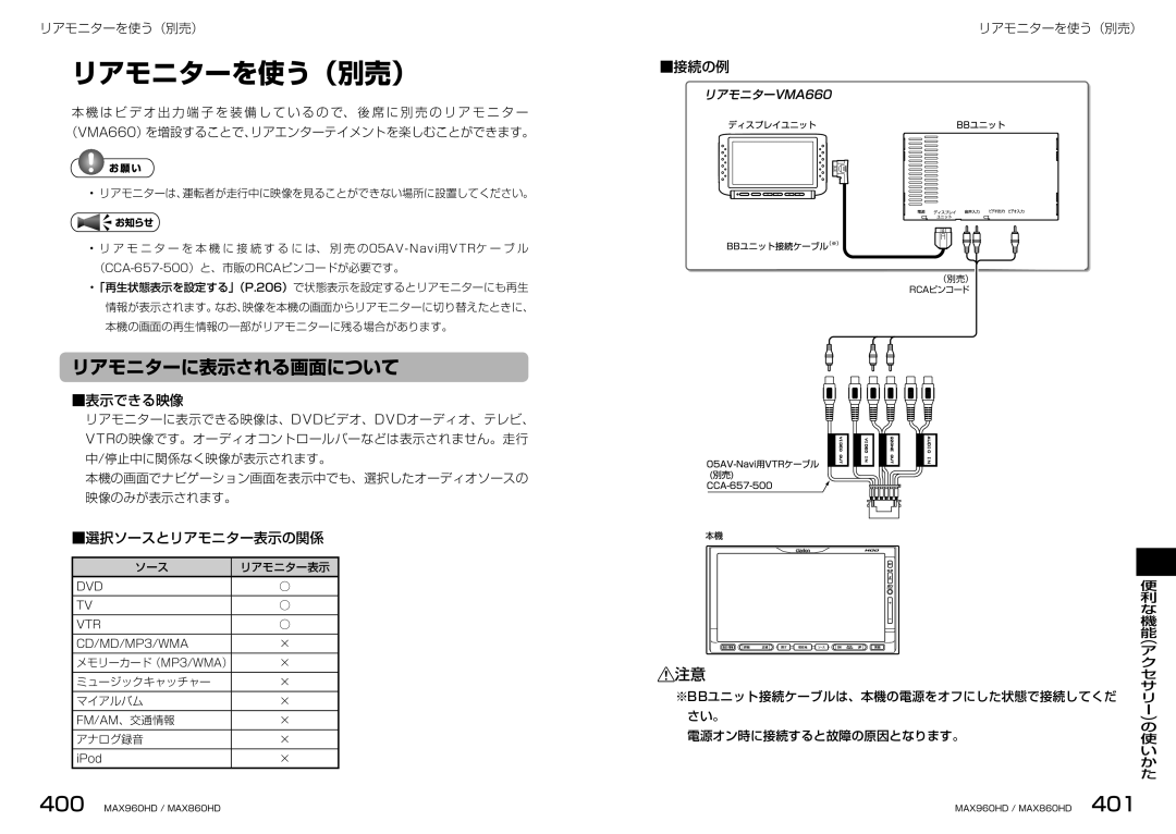 Clarion MAX860HD, MAX960HD manual リアモニターを使う（別売）, リアモニターに表示される画面について, 表示できる映像, 選択ソースとリアモニター表示の関係, 接続の例 