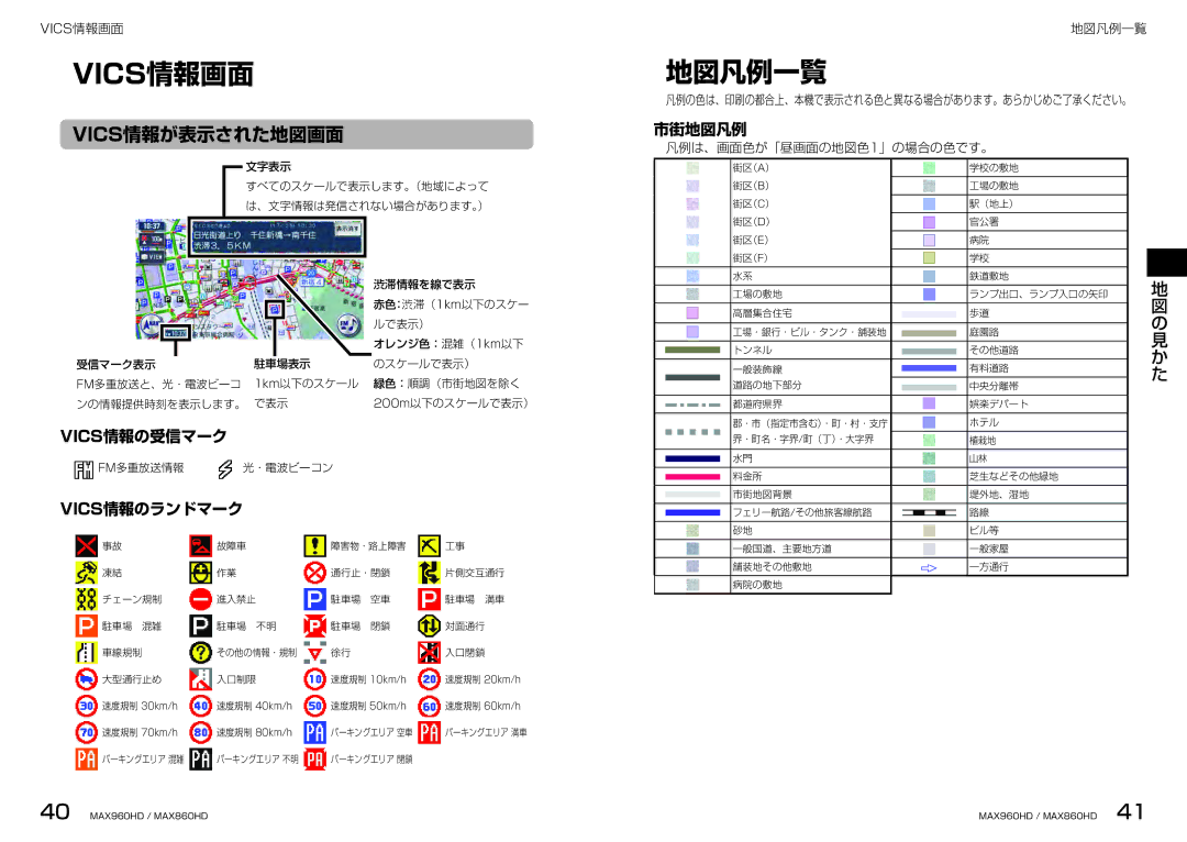 Clarion MAX860HD, MAX960HD manual 地図凡例一覧, Vics情報が表示された地図画面, 市街地図凡例, Vics情報の受信マーク, Vics情報のランドマーク 