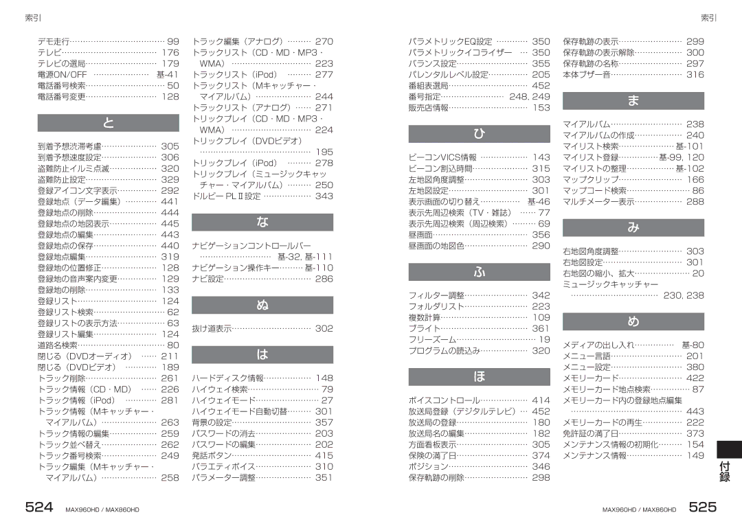 Clarion MAX860HD, MAX960HD manual デモ走行 99 テレビ 176 テレビの選局 179 電源ON/OFF 基-41 電話番号検索 50 電話番号変更 